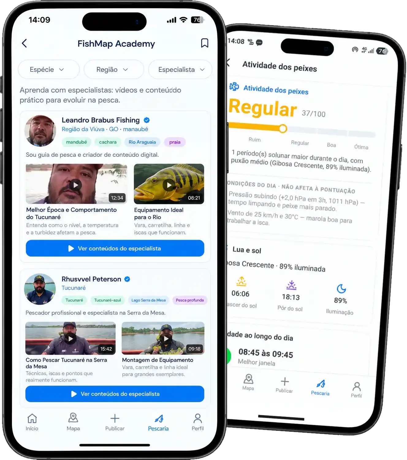 Telas do app FishMap com o planejamento da pescaria e a Academy